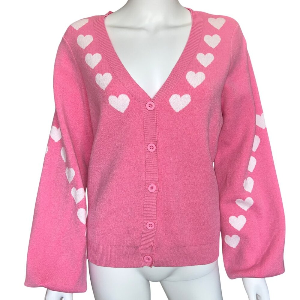 Kaily K Pink Cardigan Sweater w/ White Heart Pattern V-Neck Button Front Size XL